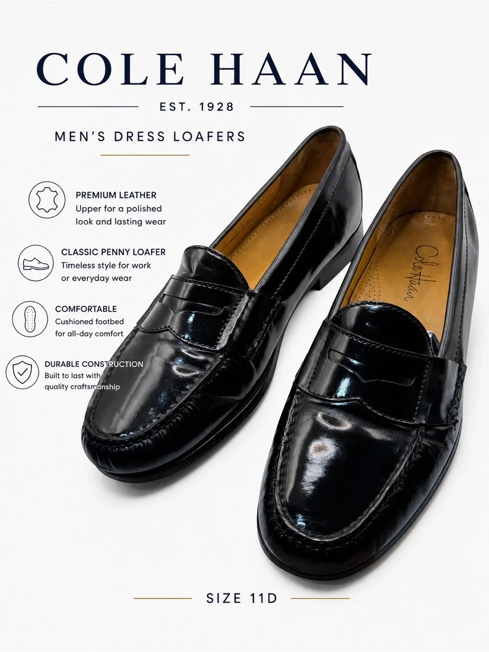 Cole Haan Men’s Leather Penny Loafers Black Dress Shoes Size 11D Classic Slip-On